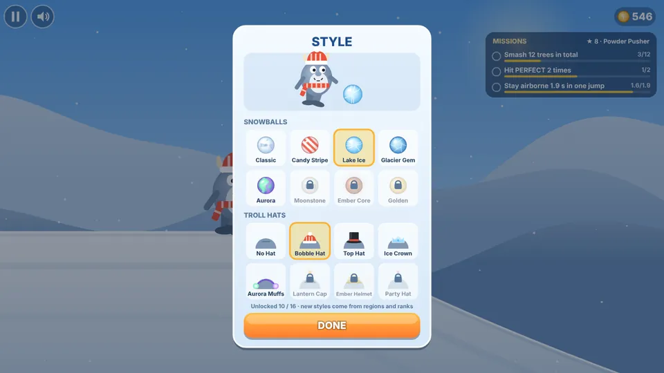 The STYLE screen with snowballs and troll hats