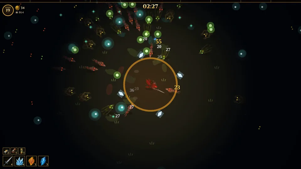 The hunter surrounded by a monster horde, frost shards orbiting