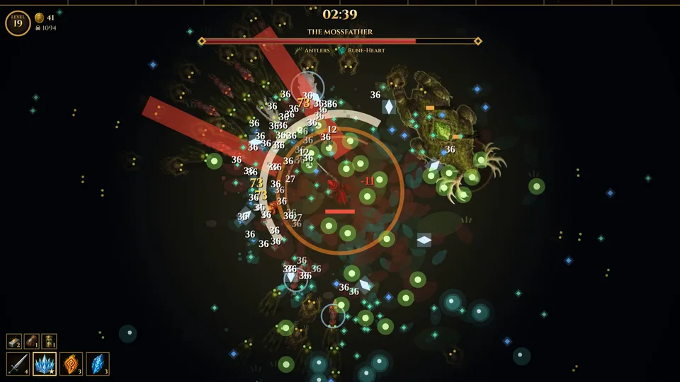 The Mossfather fighting the hunter in the middle of a horde