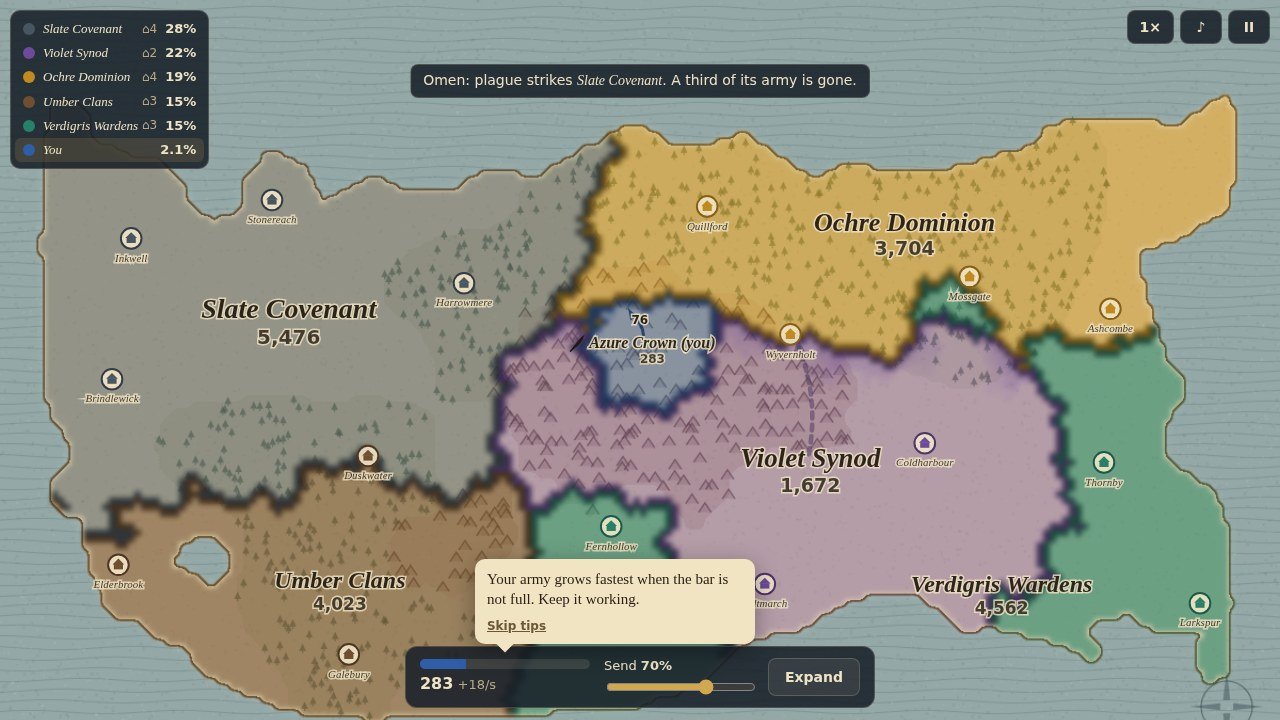 Mid-war: six realms share the map