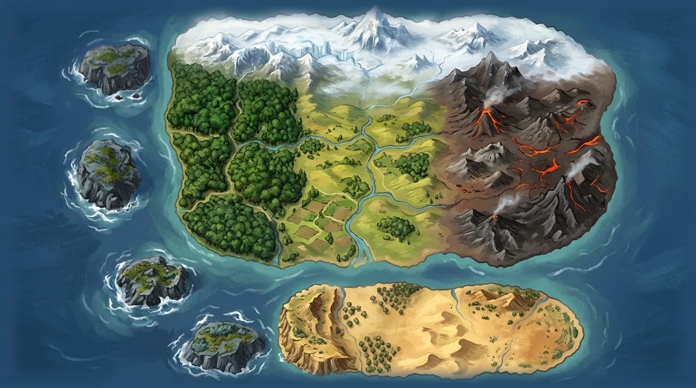 The painted map of Vael with its six realms