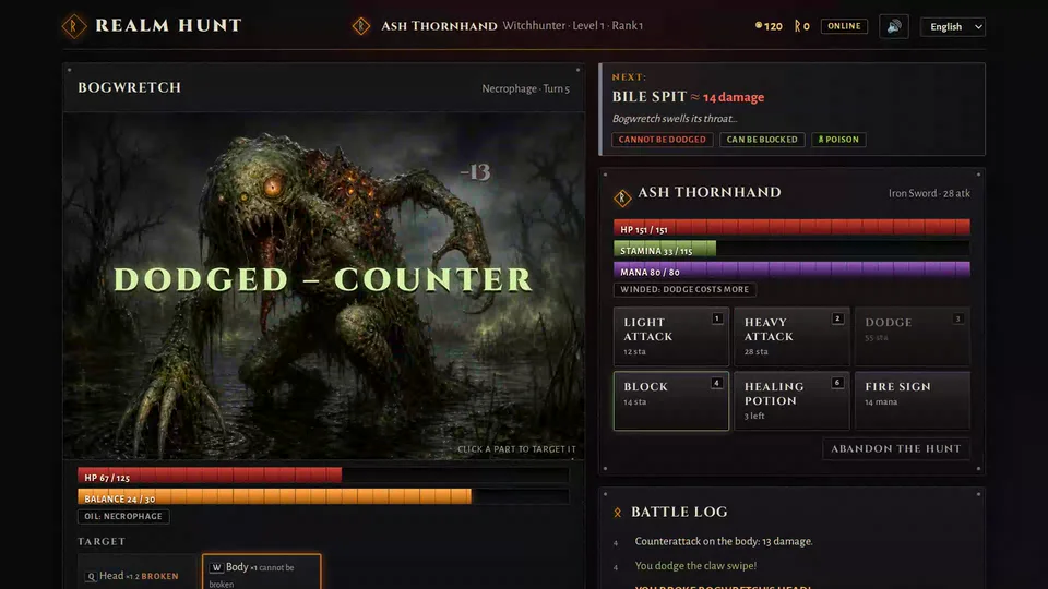 Fighting a Bogwretch: the beast's next move is shown at the top right