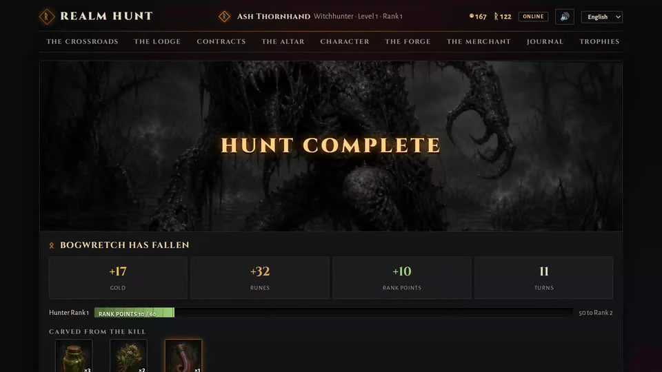 Hunt complete screen with gold, runes and the materials carved from the kill